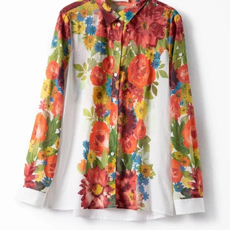 

2021 New Nova Blusa Feminina Floral Algodo Seda Turn-down Collar Camisa De Manga Comprida Senhoras Casual Camisas e Blusas Topo Cqtt, Black