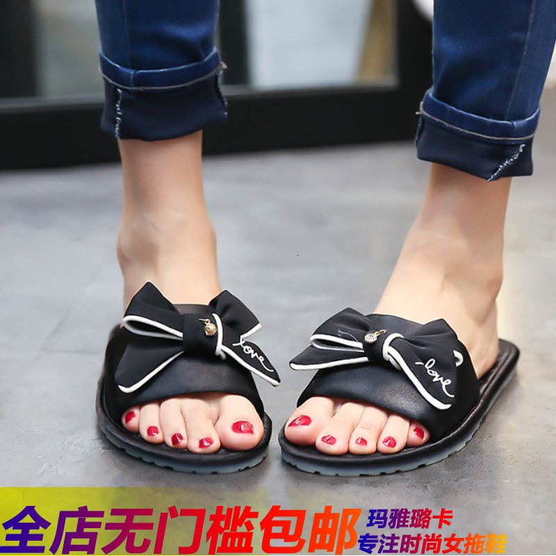 

Slippers bow slippers women's home flat bottom anti slip open toe silk in summer 3NEY, 1# shoe box