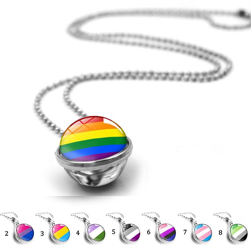 

Pendant Necklaces Gay Pride Rainbow Glass Cabochon Necklace Double Sided Ball Bead Chain Fashion Jewelry Gift For Love