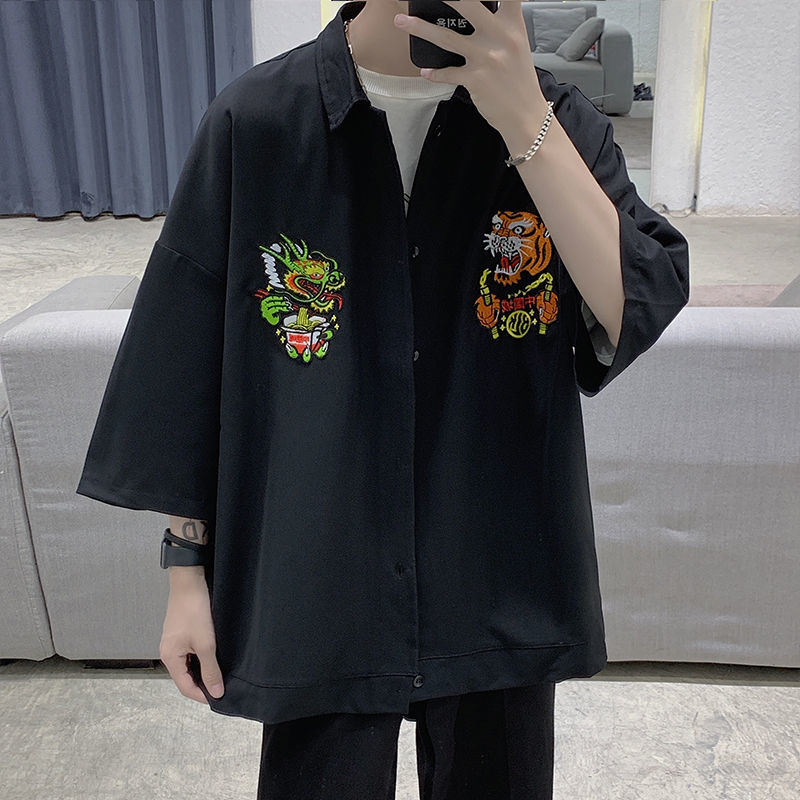 

2021 New Men's Embroidered Short-sleeved Hawaiian Chinese Style Loose Short Sleeve Fashion Camisa Masculina Streetwear Shirt Yoxy, Black