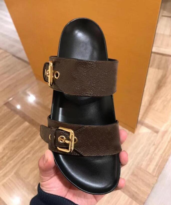 

2021Slippers designer Slippers Leather sandal Slides 2 Straps with Adjusted Gold Buckles Women Summer flip flops have box size 35-42
