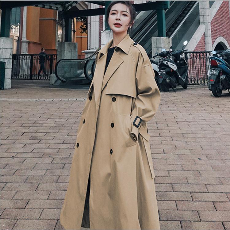

Women' Trench Coats Autumn Korean Fashion Mid-length Khaki Windbreaker Loose Over-the-knee British Style Jacket Women Clothes, Black