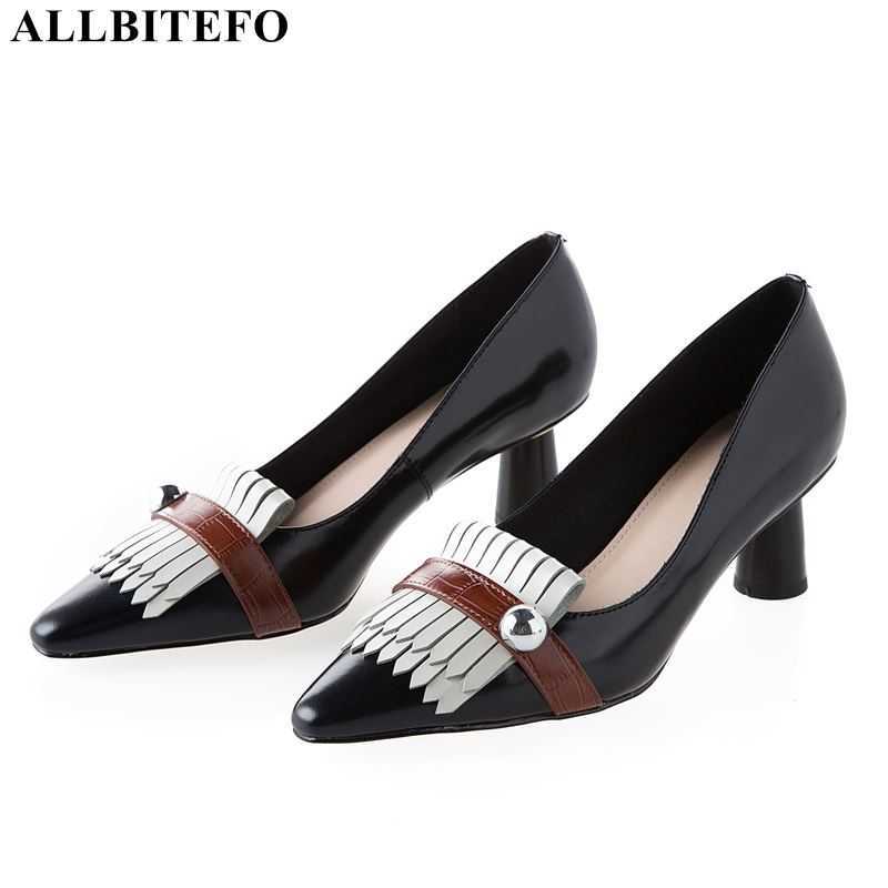 

ALLBITEFO retro tassel genuine leather brand high heels office ladies shoes women high heel shoes mixed colors women heels 210611, As picture