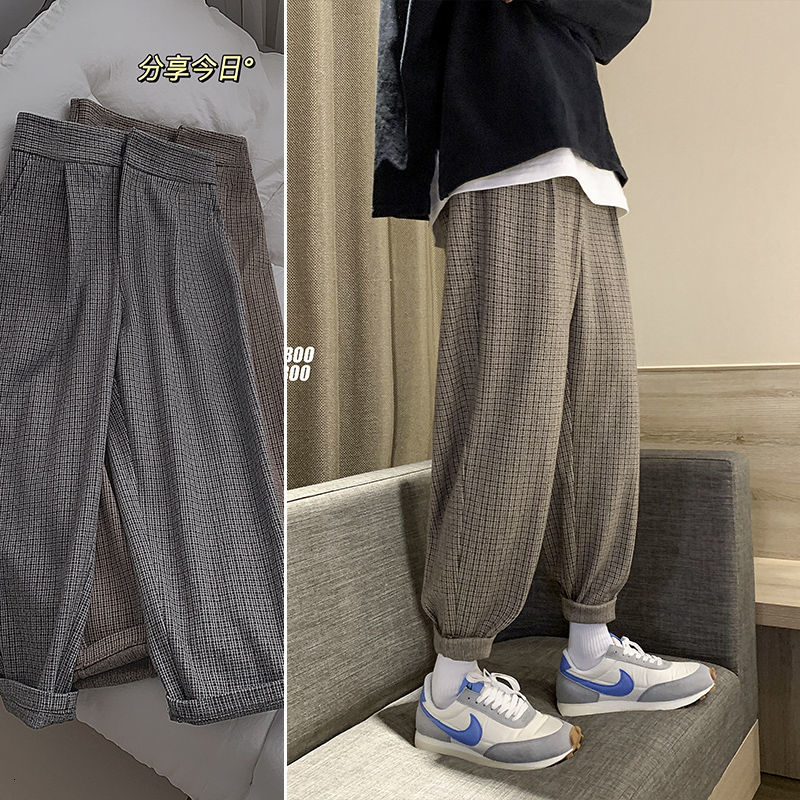 

2021 New Winter Thick Woolen Men's Warmth Fashion Retro Casual Plaid Men Streetwear Hip-hop Straight Pants Mens Tqa2, Coffee lattice