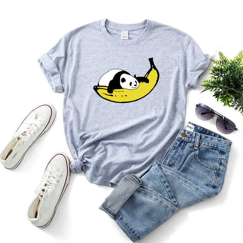 

Cotton Summer Women T Shirt Loose Casual Cute Lazy Panda Banana Printed Ladies Top Tees W682 210526, Black