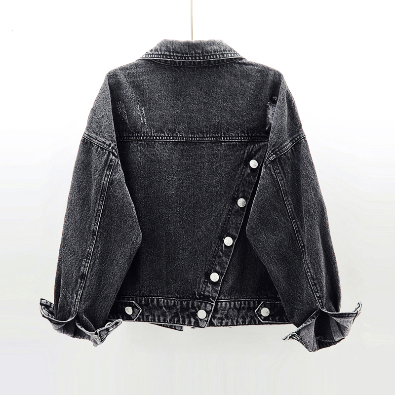 

autumn vintage frayed black denim women coat streetwear korean plus size loose short jeans jacket female chaqueta mujer t9em, Black;brown
