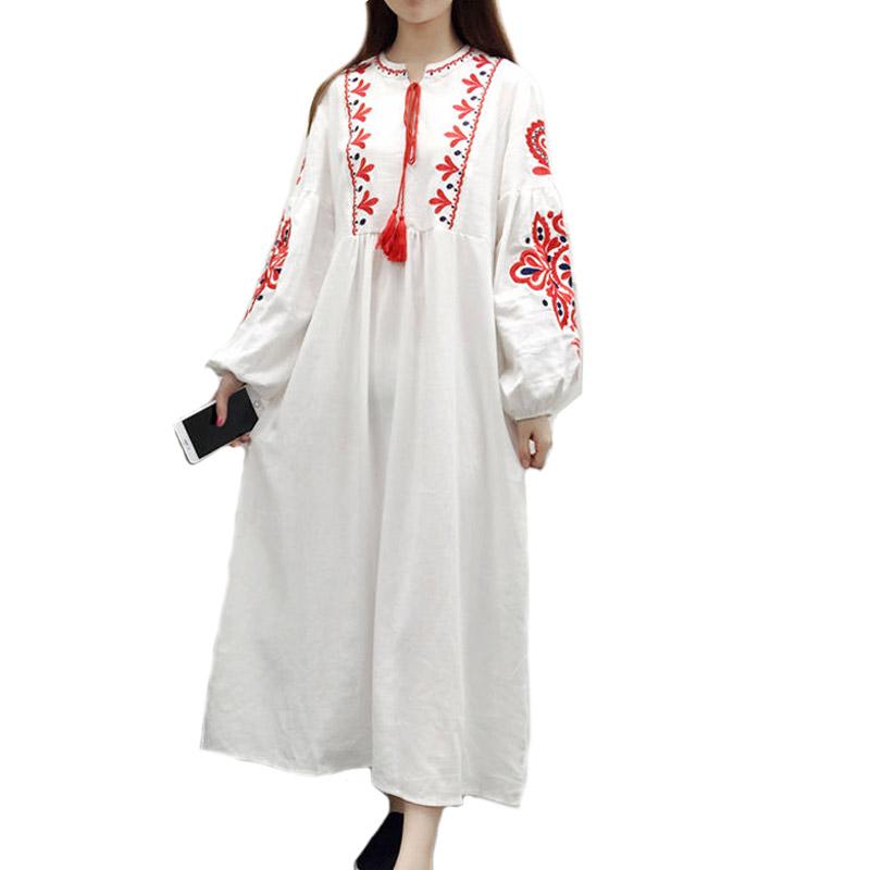 

Casual Dresses Plus Size Loose Bohemia Embroidery 2022 Ethnic Vintage Women Lantern Sleeve Floral Embroidered A Line Cotton Dress, Black;gray