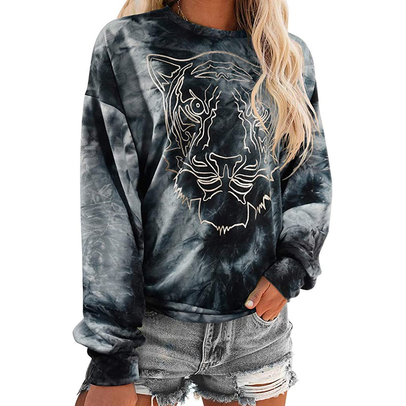 

2021 New Vintage Tie-dye Lion Print Pattern Women Autumn Casual Streetwear Warm Winter Loose Pullover Girl Sweatshirt Djxf, Gray