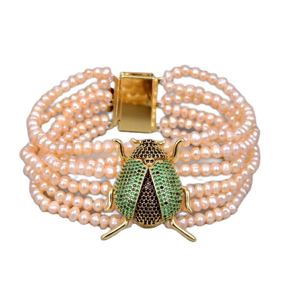

GuaiGuai Jewelry 6 Strands Pink Freshwater Pearl Cubic Zirconia Micro Pave Bee Bracelet Animal Insect Bracelet Handmade For Women Lady Fashion Jewellry