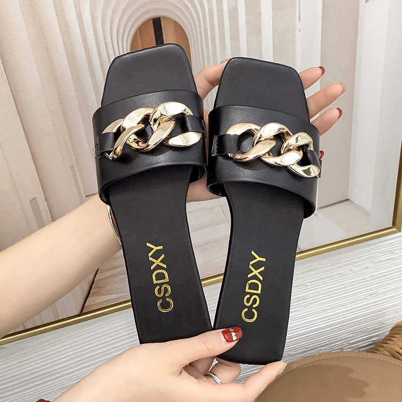 

Women's Slippers Home Indoor Comfortable Flat Slippers Fashion Metal Accessory Style Slippers 210903