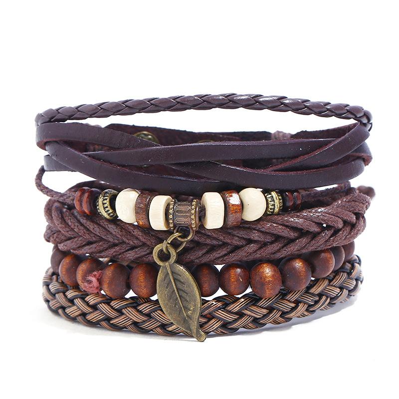 

Bangle Adjustable Leather Bracelet Set Men Women Casual Jewelry Leaf Charm Wristband Punk Holiday Party Tribal Vintage Bangles