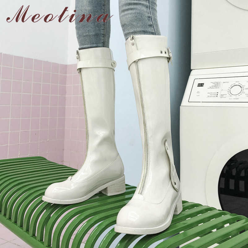 

Meotina Knee High Boots Women Shoes Buckle Genuine Leather Thick Heels Lady Boots Zip Mid Heel Long Boots Autumn Winter Blue 42 210608, Black synthetic lin