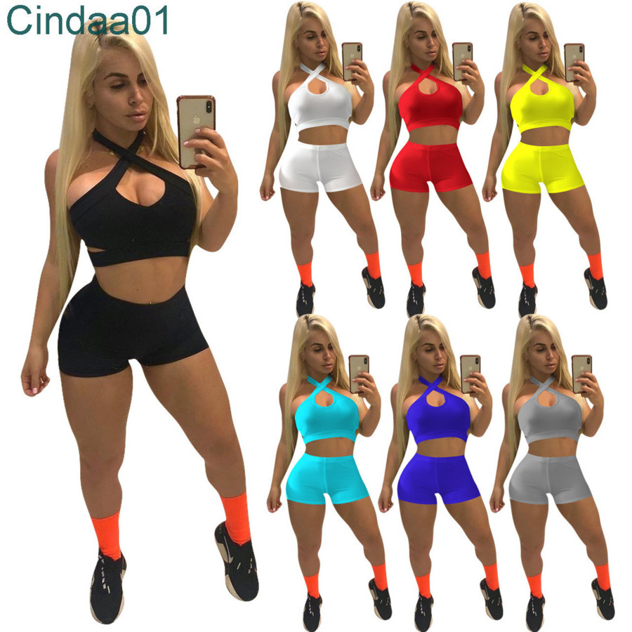 

Women Tracksuits Two Pieces Set Designer Slim Sexy Short Set Outfits Sleeveless Jogger Suits Sexy Suspenders Tops Suit Plus Size 7 Colours, Yellow