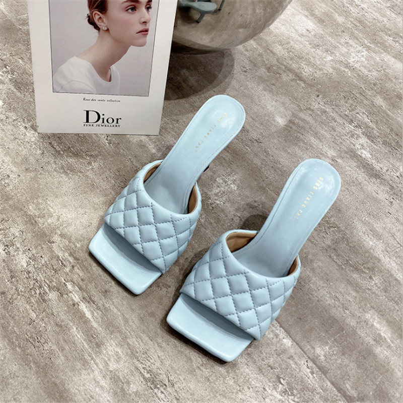 

2021 square toe shallow pu leather plaid colorful thin high heels slippers women new spring summer fashion ryh0, Black