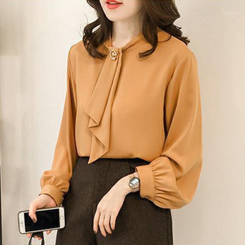 

Women's Blouses & Shirts Spring Women Chiffon Blouse Long Lantern Sleeve O-Neck Casual Tops Button Tie Solid Womens And Elegant Shirt, Yellow