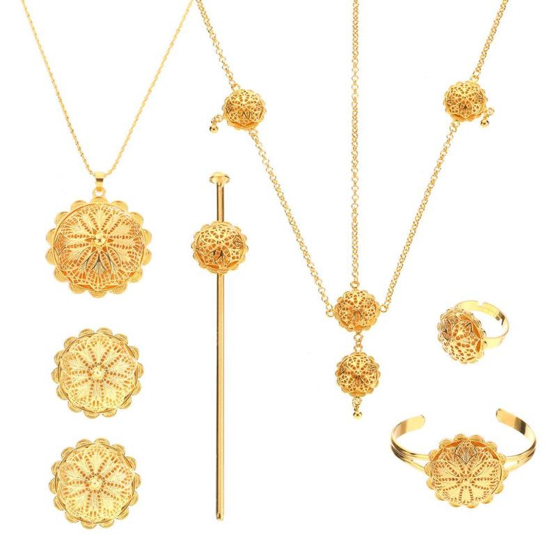 

Earrings & Necklace Ethiopian Trendy Flower Pattern Pendant Necklaces Ring Bangles African Wedding Jewelry Set, Silver
