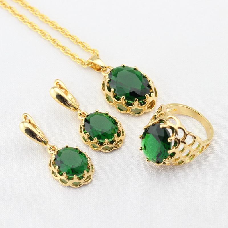 

Earrings & Necklace WPAITKYS Green Created Emerald Gold Color Bridal Jewelry Sets For Women Drop Pendant Rings Free Gift Box, As pic