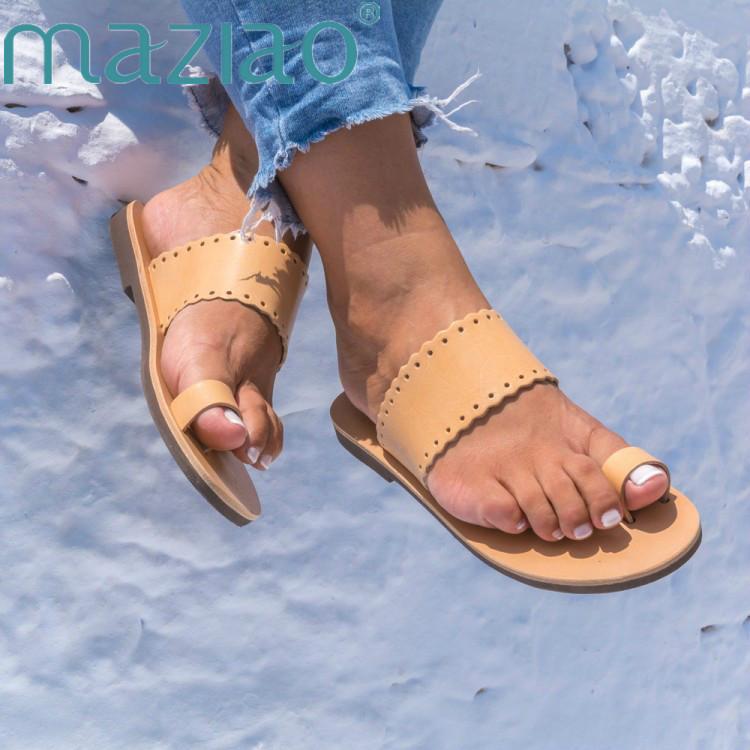

Slippers Women's Flip Flops Spring Summer Beach Casual Shoes Ladies Solid Flat Heel Slides Roman Leather MAZIAO, Black