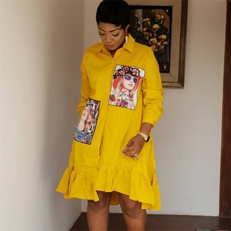 Spring Autumn Fashion Yellow Print Pleated Dress Casual Cute Women Beading Shirt Dresses Long Sleeve Plus Size Vestidos MX200508