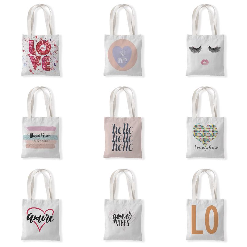 

Storage Bags Ladies Shopping Bag Love Series Handbag Foldable Reusable Cloth Shopper Valentine's Day Birthday Student Canvas Tote