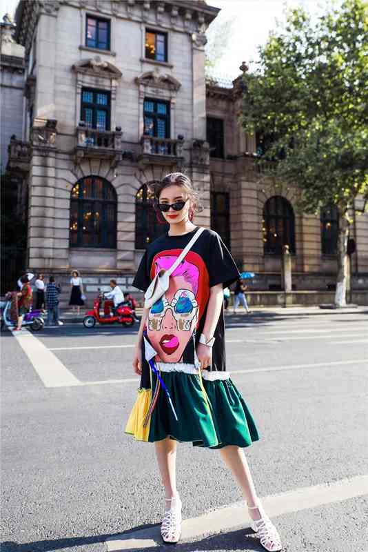 

Fashion Spring And Summer Womens Dress Big Size Streetwear Cotton Self Portrait Cartoon Knee Length, Black;gray