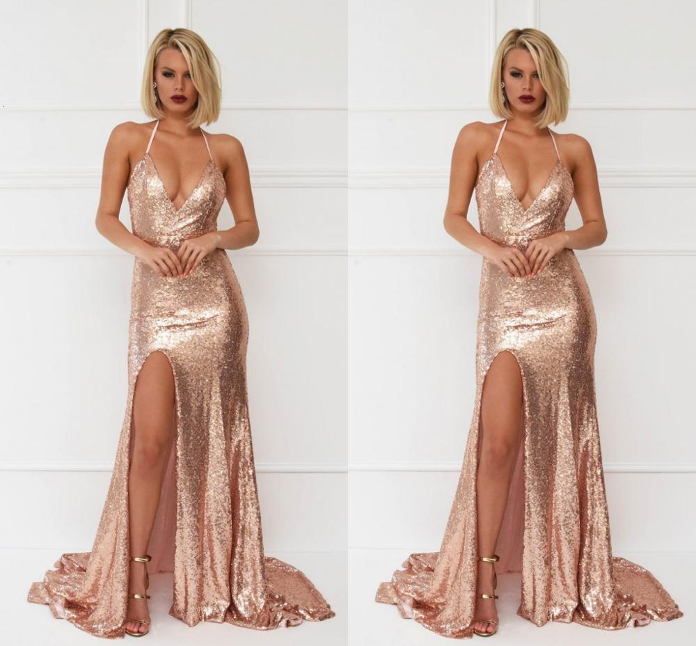 

2021 New Gold Long Halter Split Backless Shine Sequin Sparkle Elegant Women Evening Party Gowns Robe De Soriee 6rds