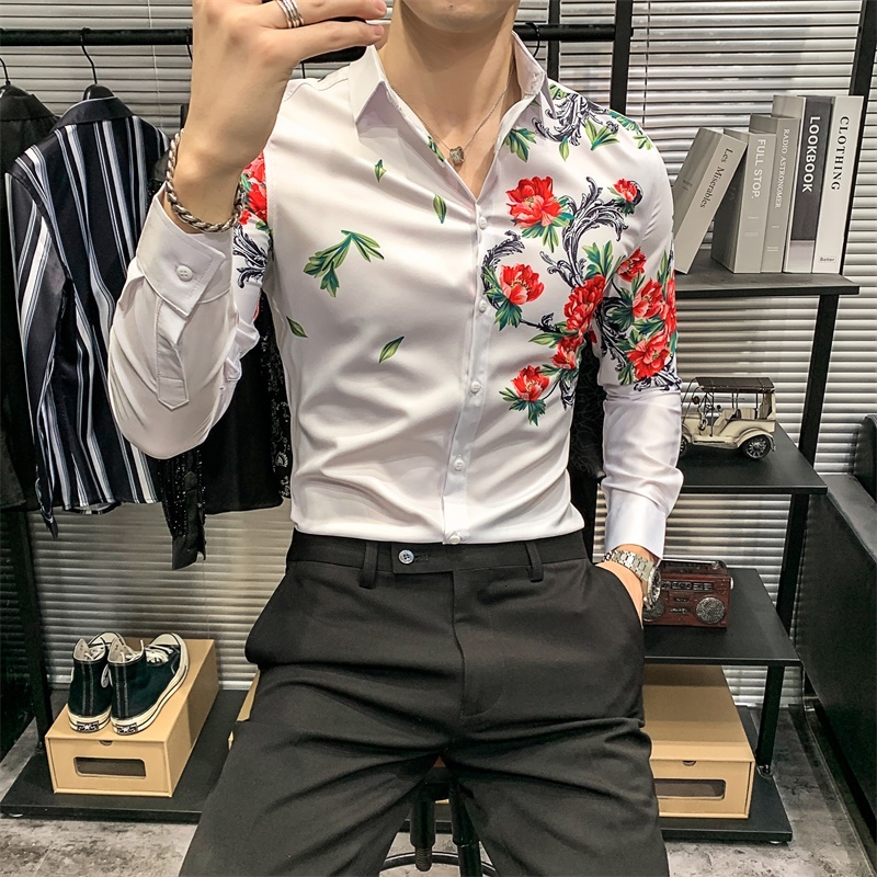 

New Coreano Primavera Novo 2021 Colorido Listrado Impresso Camisas Dos Homens Roupas De Manga Longa Simples Magro Ajuste Casual Clube Format, Black
