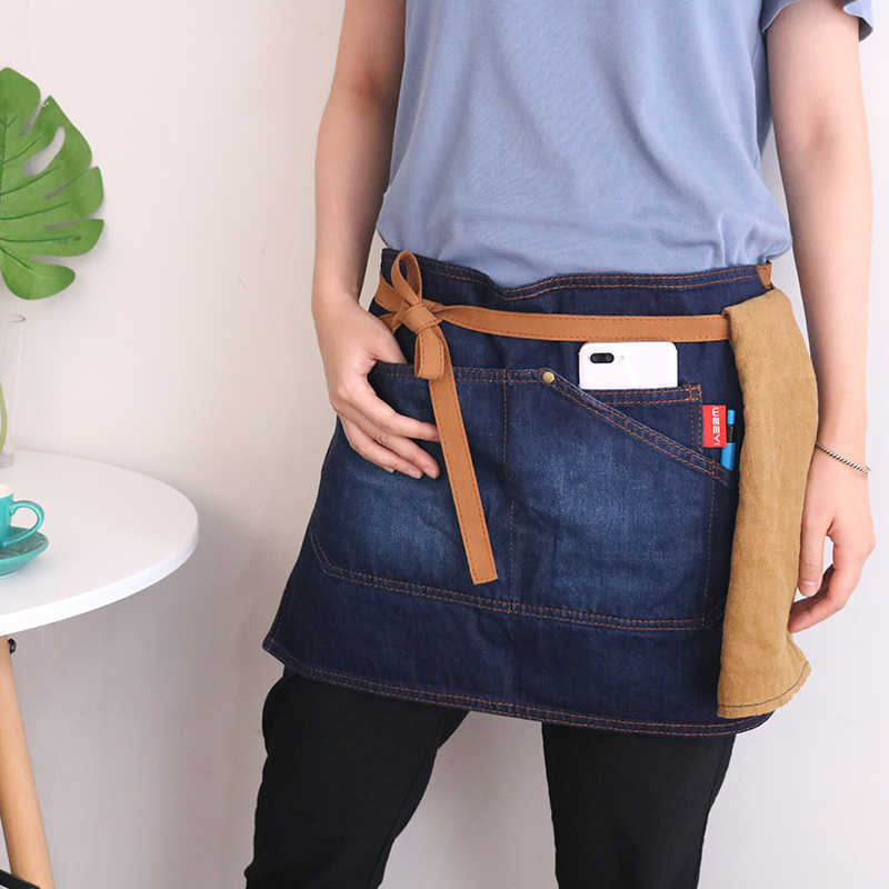 

WEEYI Blue Half Aprons Restaurant Waitress Kitchen Chef Apron Denim Short Waist Bar Household Cleaning Apron Bow w/ Pockets 210622