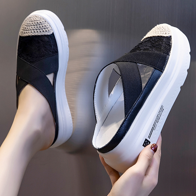 

luxury slippers fisherman's mh women wear out in summer 2021 breathable baotou half slippers thick soled women's sho, Black