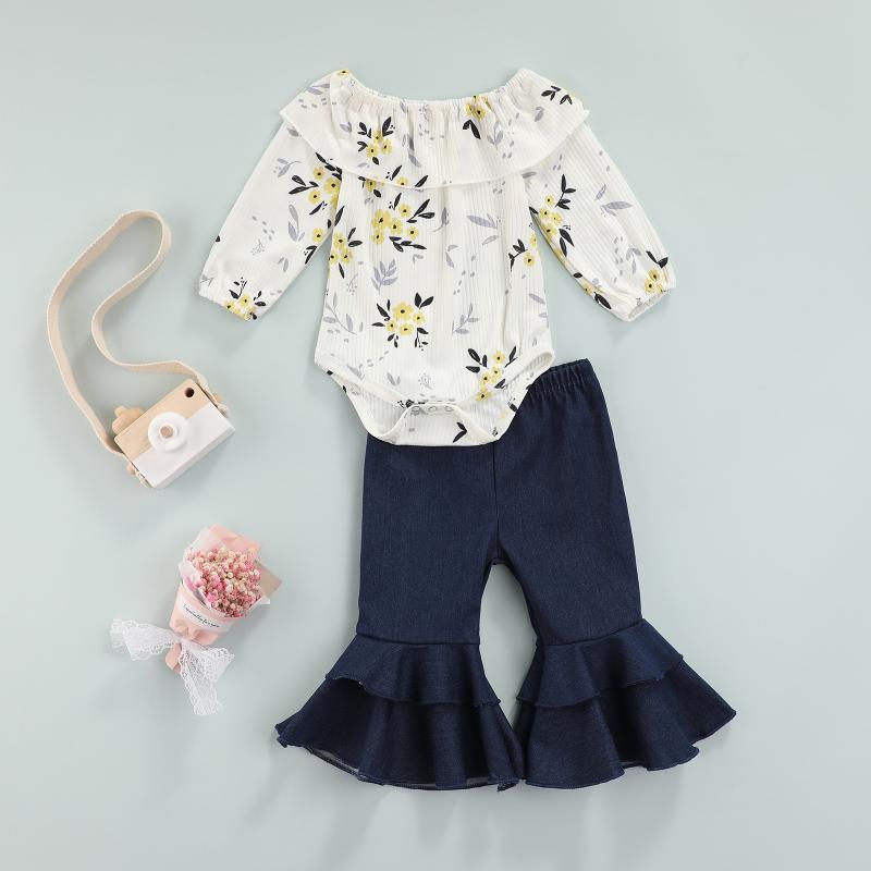 

Clothing Sets 2Pcs Born Casual Outfits Baby Girls Flower Print Long Sleeve Boat Neck Ruffle Playsuit + Solid Color Flared Pants Clothes Set, White