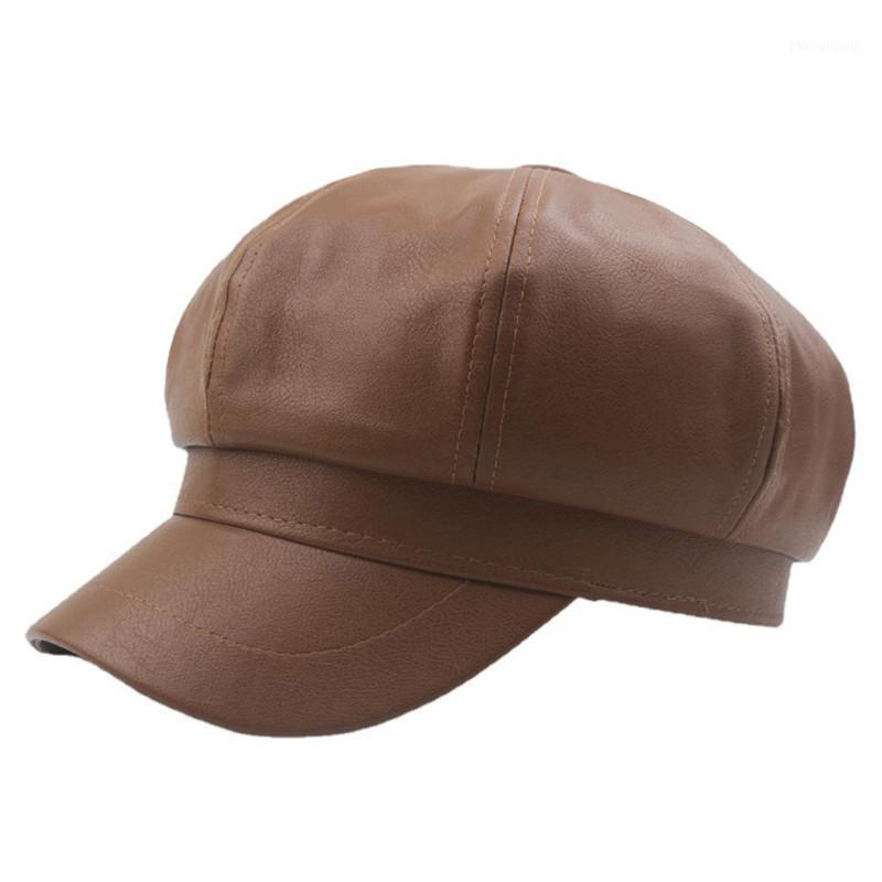 

Berets Autumn And Winter Women's Leather Windproof Octagonal Hat PU Men's Beret Painter Couple