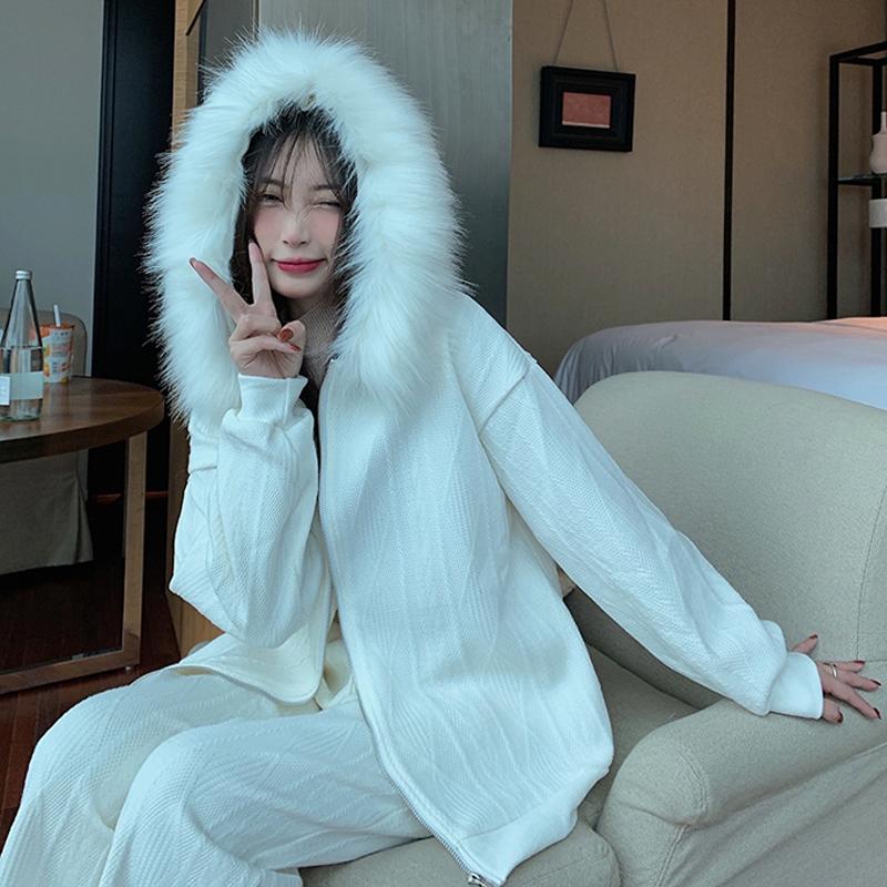 

Women's Two Piece Pants Elegant Autumn Sweater Sets 2pieces Zipper White Cardigan Hooded Jacket Loose Knit Pink Wide Leg Fashion Black Casua