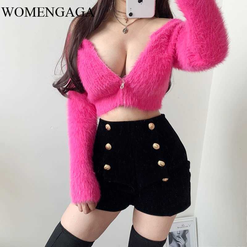

WOMENGAGA Fashion Girl' Strapless Hairy Sexy Zipper Short Show Waist Full Sleeve Tops Knitting Sweater Top I1JK 210603, Red