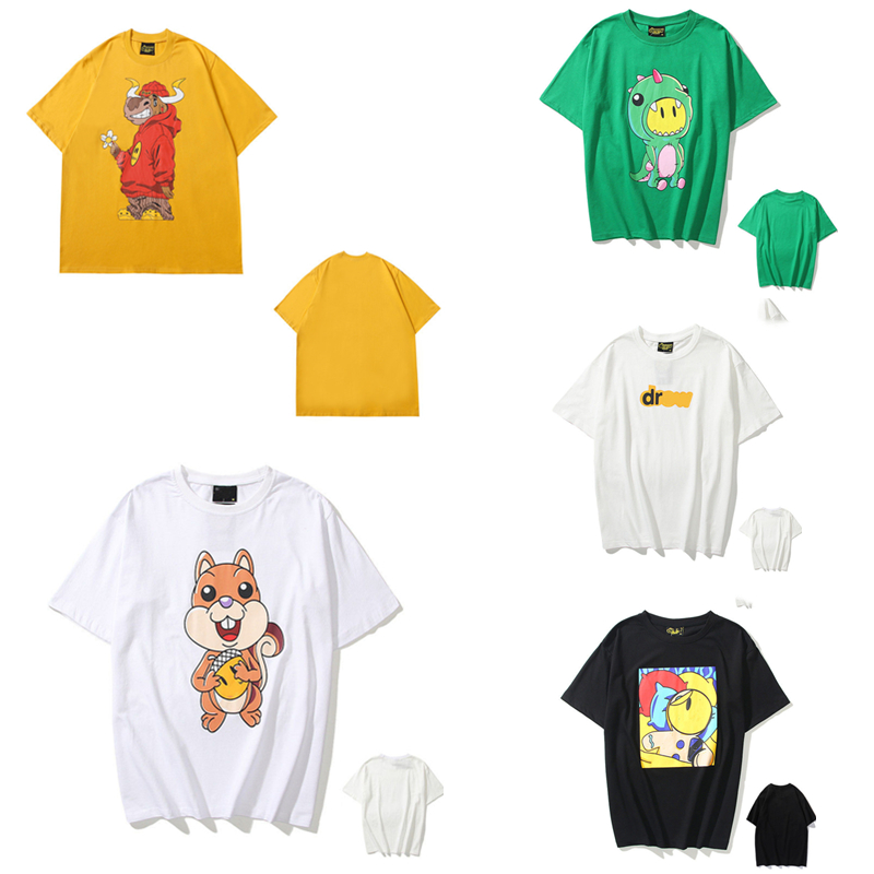 

Men's T-shirts Justin Bieber smiley face print cartoon little dinosaur casual men and women couple loose round neck short sleeve 0102, White;black
