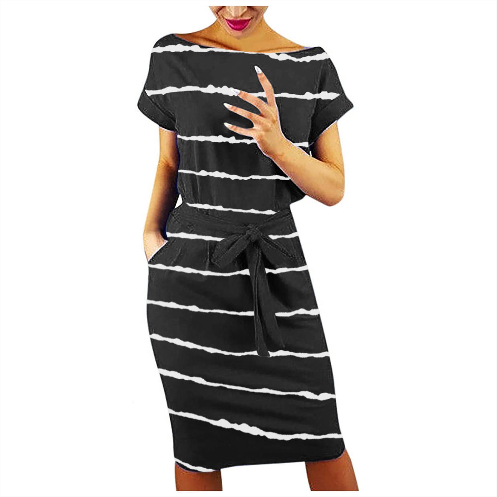 

40 casual office pocket summer women dresses short sleeve bandage loose for plus size vintage clothing, Black;gray