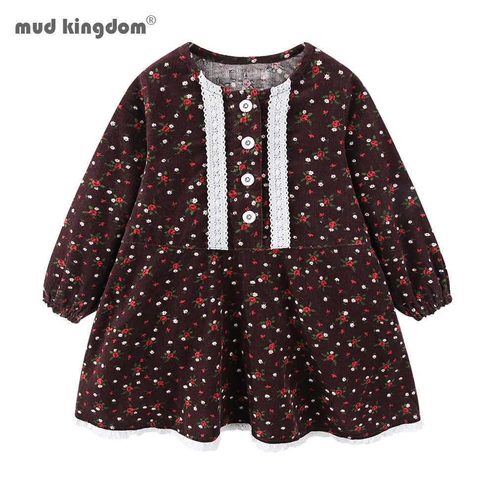 

Mudkingdom Autumn Winter Toddler Girl Dress Long Sleeve Floral Princess Kids Corduroy Pleated Fashion Baby 210615, Brown