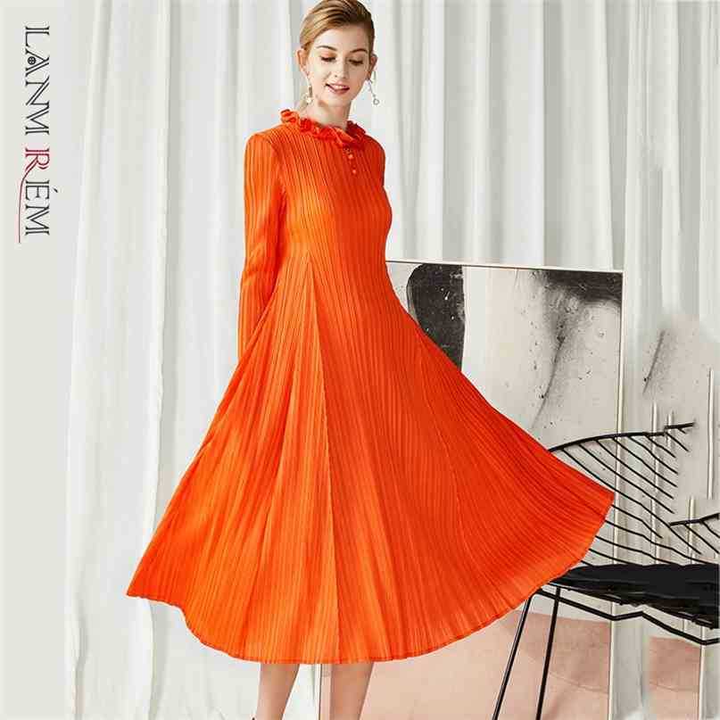 

Women Orange Big Size Ruffles Pleated Dress Round Neck Long Sleeve Loose Fit Fashion Spring Autumn 2E1595 210526, Red