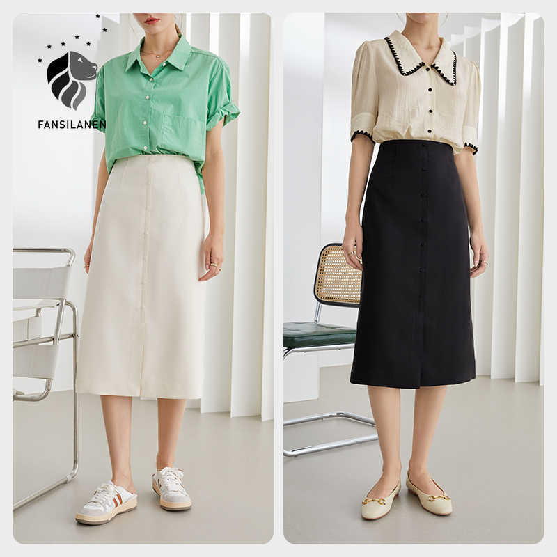 

FANSILANEN Office Lady Split Black White Skirt Women Summer Long High Waist Button Simple Casual A-line Womne 210607