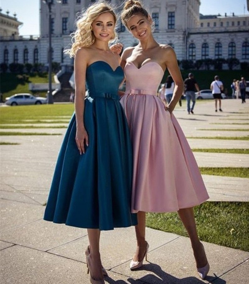 

2021 New A-line Princess Satin Bowknot Sweetheart Sleeveless Tea-length Homecoming Es Robes De Cocktail Vestidos Graduacin Kqab, Black