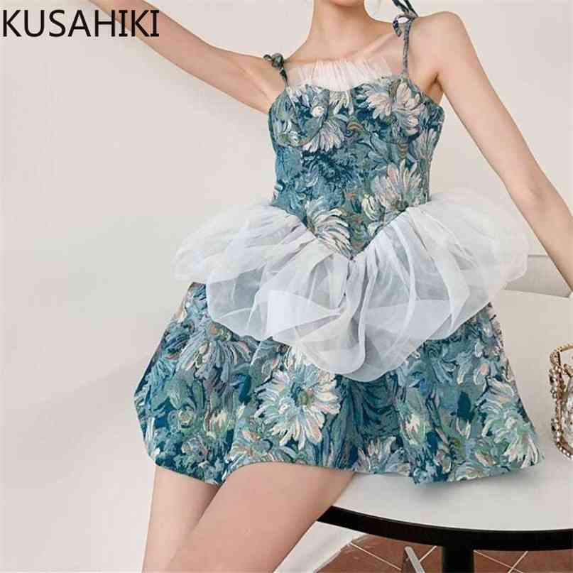 

Vintage Sweet Floral Women Spaghetti Strap Dress Mesh Ruffle Patchwork Summer Dresses Strapless Vestidos 6J129 210603, Black