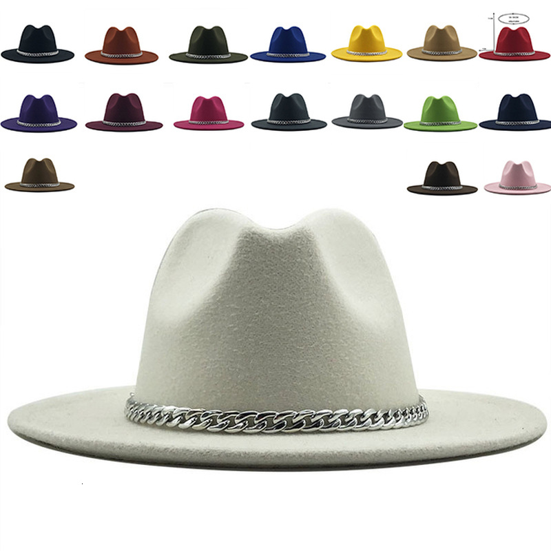 

2021 Fedora for Metal Chain Wool Solid Color Women Hats Men Jazz Caps Panama Wide Brim Outdoor New Winter Hat 23pp, Navy