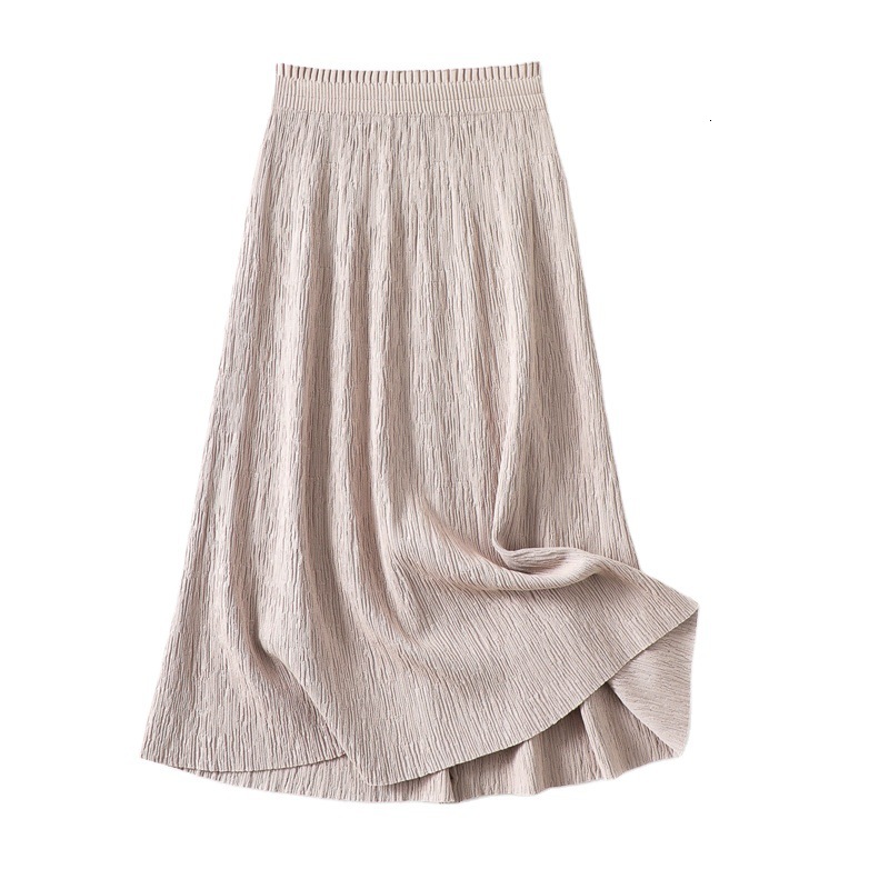 

2021 Waist High Spring Stretch Mesh Knitted Line Beige Falutin Female Jupe Skirt Vboj