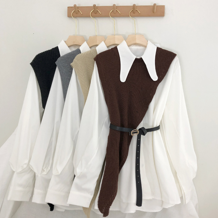 

2021 New shirt, pleated skirt, waist waist, thinner, belt + knitted irregular waistcoat, two-piece suit 769Y, Gray