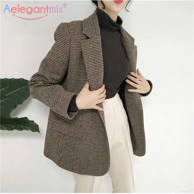 

Aelegantmis Korean Casual Vintage Houndstooth Blazer Coat Women Office Lady Jacket Female Warm Retro Outwear Business OL 210607, As shown