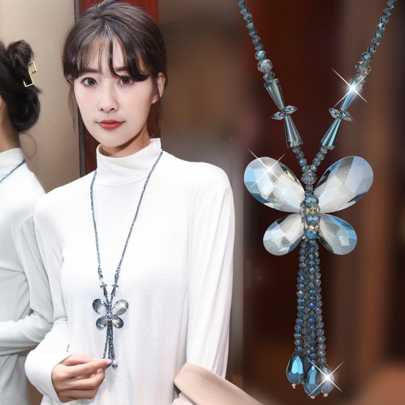 

Pendant Necklaces Women Opal Stone Crystal Tassel Long Necklace Korean Butterfly Beads Sweater Colorful Elegant Jewelry
