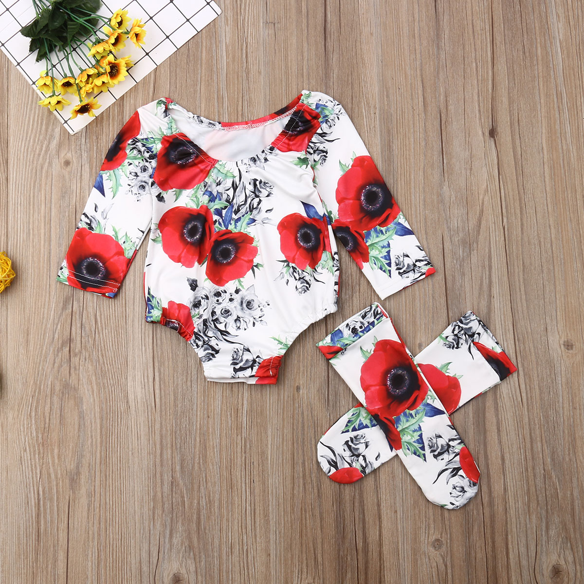 

2 Piece Set Newborn Baby Clothes Toddler Girl Red Rose Flower Long Sleeve Bodysuit +1 Pair Long Socks Girl Outfit