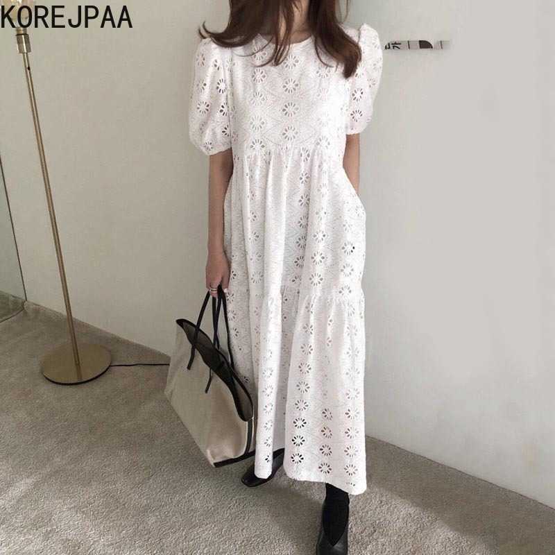 

Korejpaa Women Dress Summer Korean Chic Ladies Sweet Elegant Temperament Lace Hollow Crochet Slimming Puff Sleeve Vestidos 210526, White