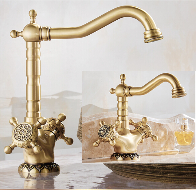 

2021 New High Quality Luxury Antique Brass Copper Carving Deck Mounted Bathroom Basin Sink Water Mixer Tap Kitchen Faucet 4xom
