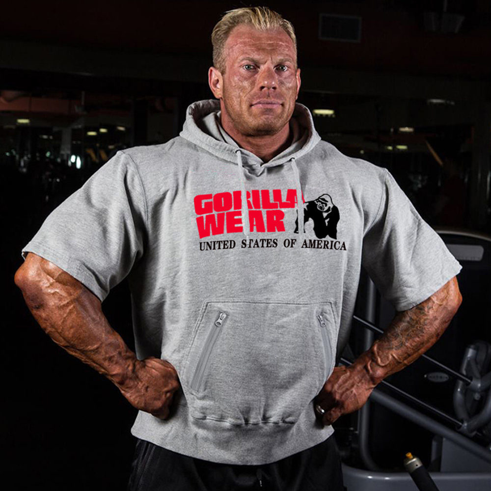 

2021 New Gym Fitness Hoodie Men Short Sleeve Sweatshirt Bodybuilding Workout Cotton Pullover Male Casual Printed Tops Crossfit Clothing Cvwj, Gray