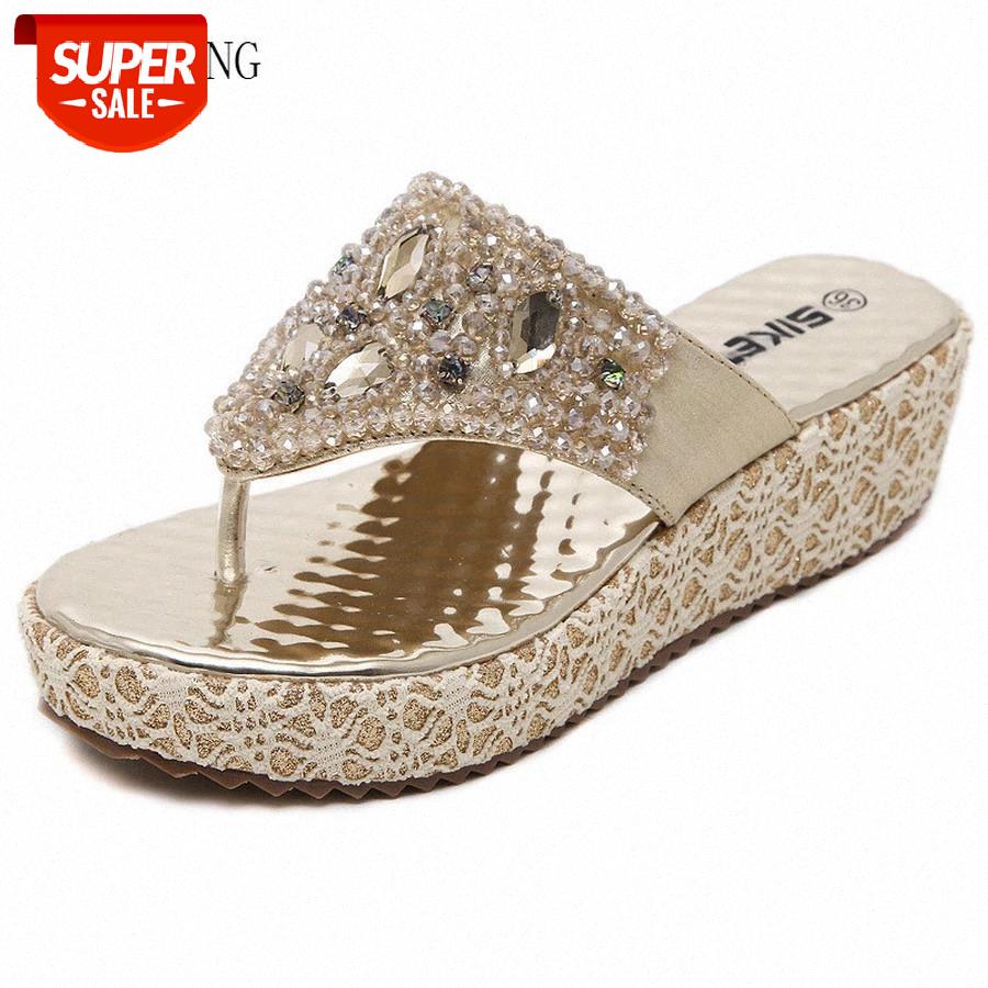 

LCIZRONG Luxury Lace Rhinestone Women Flip Flop Sandals Summer Female Wedges Gladiator Beach Sandals Party Ladies Platform Shoes #dh2h, Black